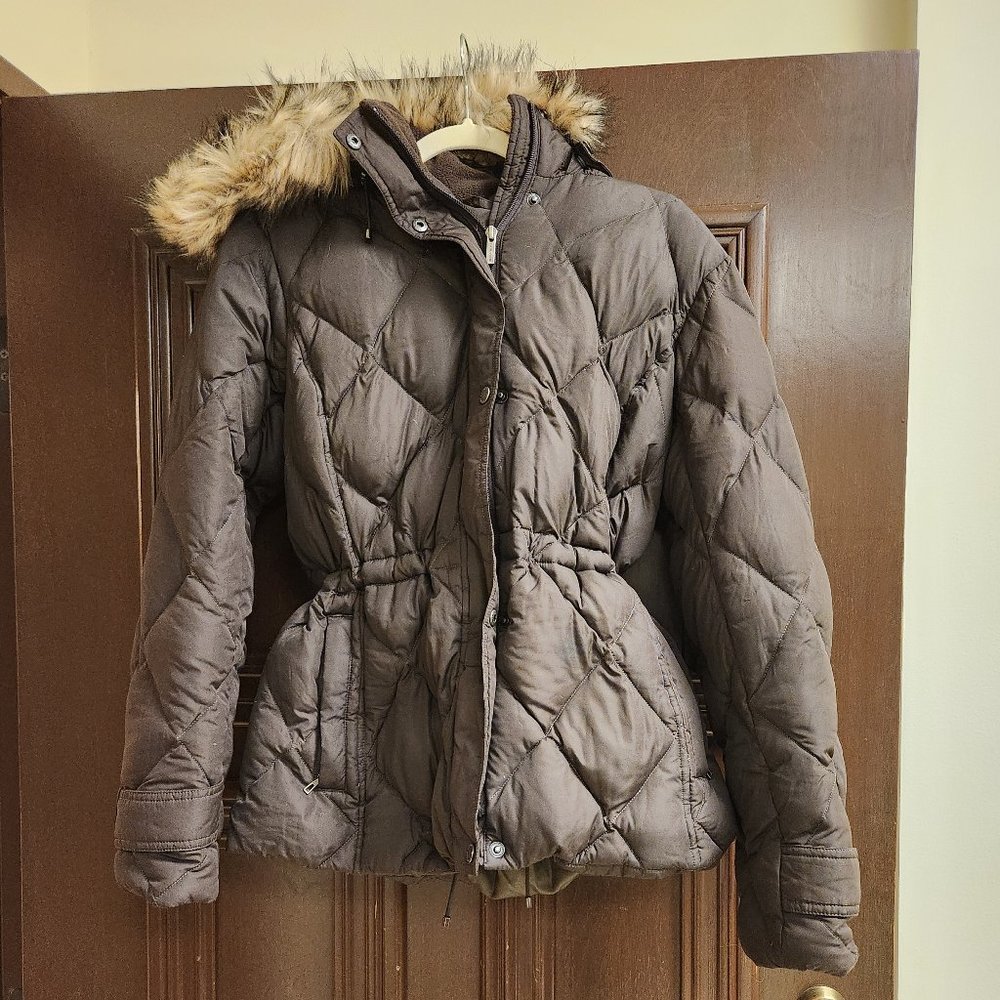 Lands' End Diamond Quilted Down Jacket w/ Faux Fur Mahogany Brown | Sz M | New